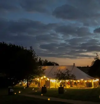 Exterior Festoon Lightin around Marquee Perimeter | Marquee Lighting for hire | Marquee Equipment for Hire | Fairytale Marquees