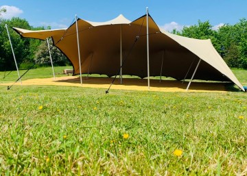 7.5m x 10.5m Chino Stretch Floating Tent with corner down | Marquee Equipment for Hire | Fairytale Marquees